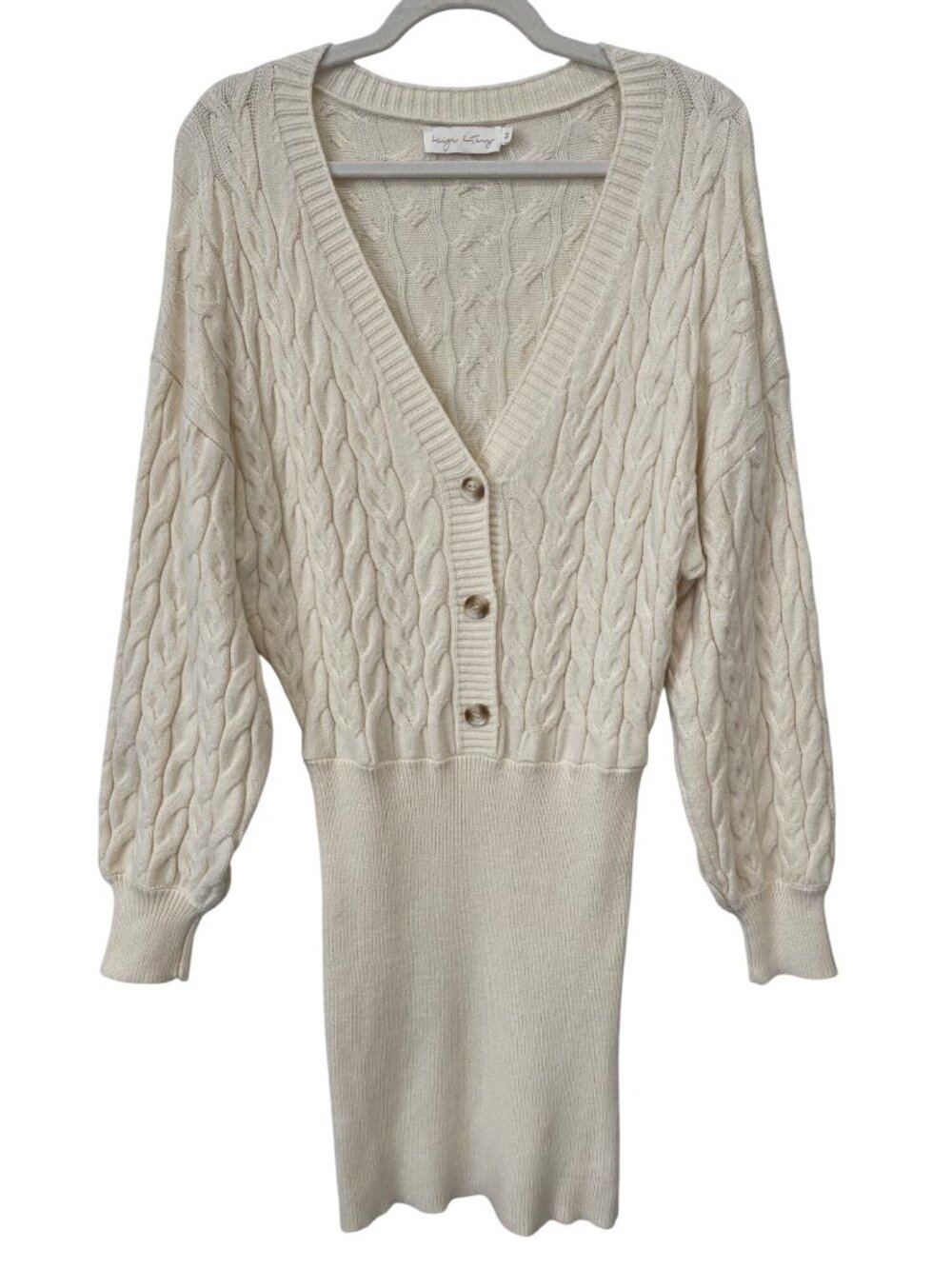 Beige Botany Sweater Dress Size Medium Cable Knit V Neck Long Sleeve Cream Cozy